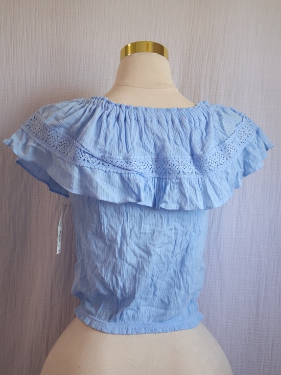 No Boundaries Light Blue Ruffled Crochet-Trim Off-Shoulder Top - Picture 3 of 5